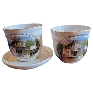 Vtg Polish Gold Trim Pualka Ceramic UZDROWISKO NALECZOW 2 Cups 1 Saucer Gold
